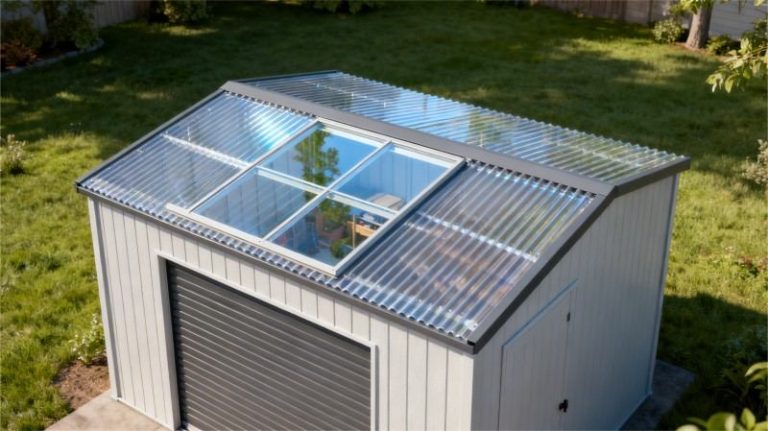 Storage shed as roofing skylight