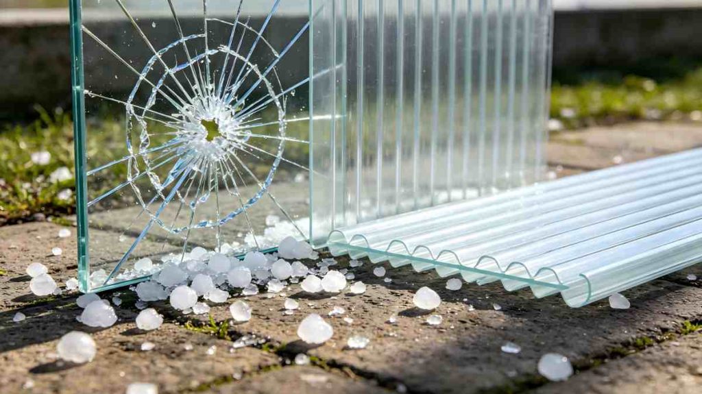 Impact resistant polycarbonate sheet vs broken glass panel